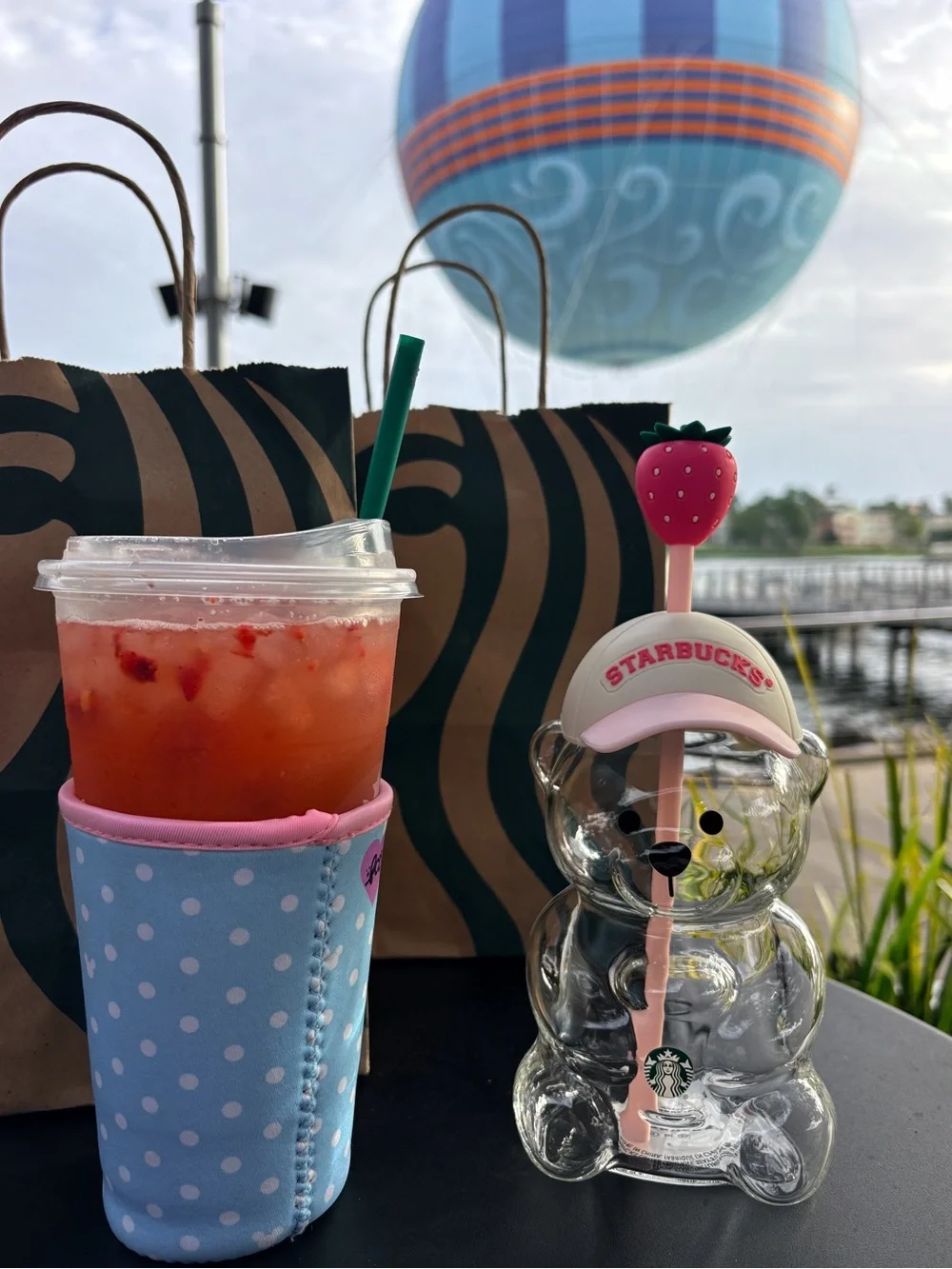 Starbucks Pink & Clear Strawberry Bear Glass Bottle with Straw